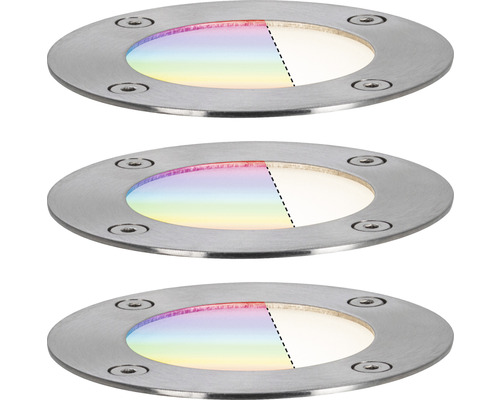 Trois spots encastrables au sol avec changement de couleur et cadre en acier inoxydable