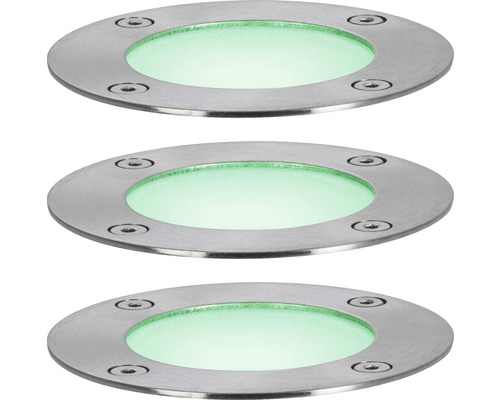 Trois spots encastrables ronds en acier inoxydable avec éclairage vert.