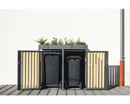 Cache-conteneur pour deux poubelles avec jardinière