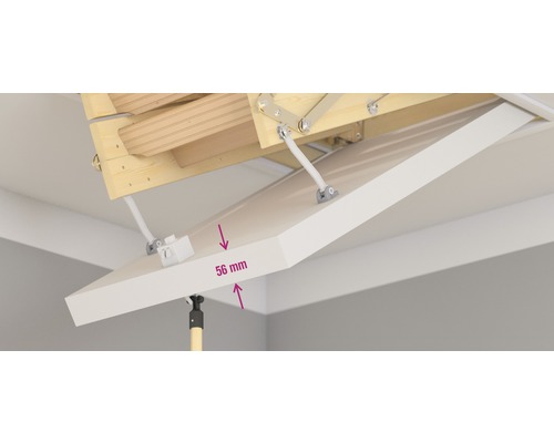 Escalier escamotable ouvert avec une épaisseur d''isolation visible de 56 mm.