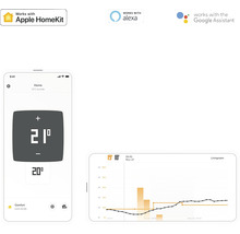 Smartphone mit App zur Steuerung eines Heizsystems, kompatibel mit Apple HomeKit, Alexa und Google Assistant