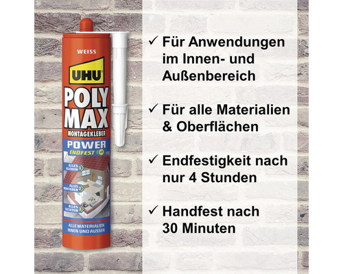 Uhu Poly Max Montagekleber Kartusche mit Informationen zu Anwendungsbereich, Materialien, Oberflächen und Aushärtezeiten