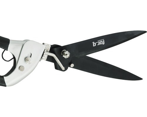 Gartenschere mit silberfarbenem Griff und schwarzen Klingen