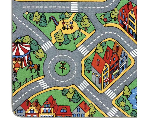 Tapis de jeu avec motif de ville, comprenant des rues, des maisons, un cirque et une aire de jeux