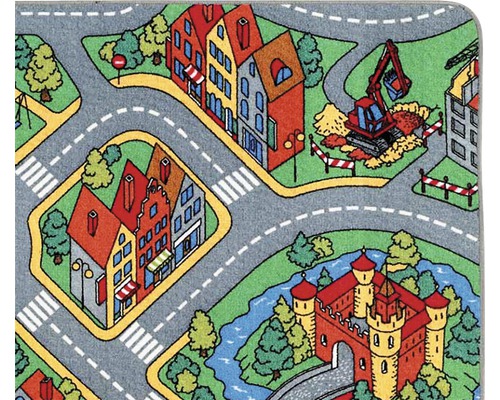 Tapis de jeu avec motif de ville, comprenant des rues, des bâtiments et une rivière