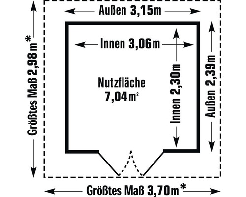 Grundriss mit Aussenmassen 3,15 Meter mal 2,39 Meter und Innenmassen 3,06 Meter mal 2,30 Meter, Nutzfläche 7,04 Quadratmeter
