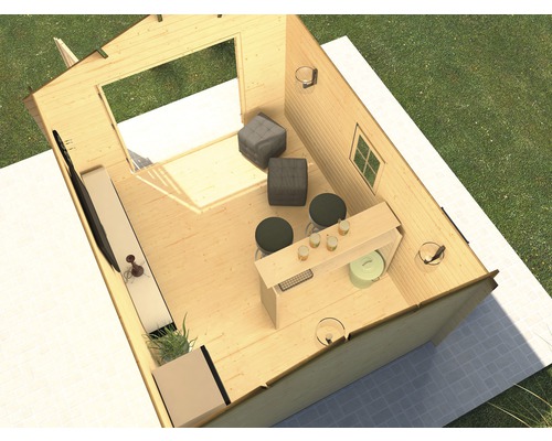 Vue intérieure d''un chalet de jardin avec bar, meubles et fenêtres.