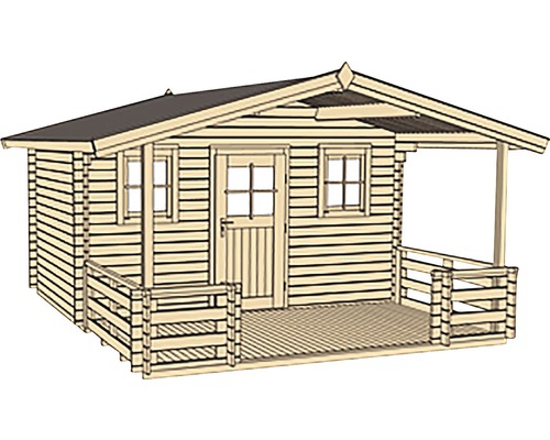 Abri de jardin en bois avec véranda, porte et fenêtres