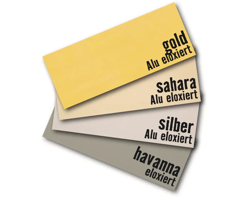 Farbmuster eloxiertes Aluminium in Gold, Sahara, Silber und Havanna