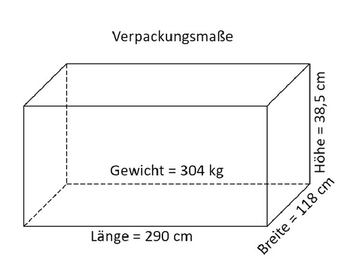 Verpackungsmaße: Länge 290 cm, Breite 118 cm, Höhe 38,5 cm, Gewicht 304 kg