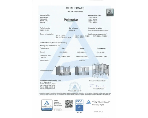 Zertifikat für Spielhäuser Harry, Linus und Zirkuswagen von Palmako