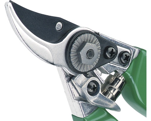 Gros plan d''un sécateur avec poignées vertes et lames argentées