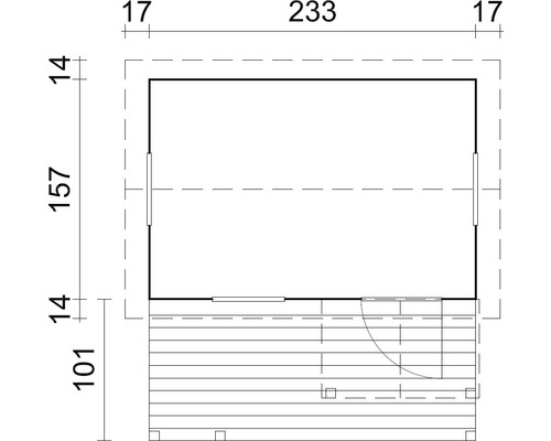 Grundriss eines Gartenhauses mit Terrasse und Maßangaben