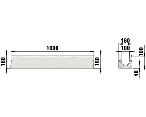 Image avec les dimensions d''une rigole de drainage, longueur 1000 mm