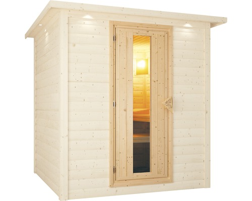 Sauna extérieure en bois avec porte vitrée