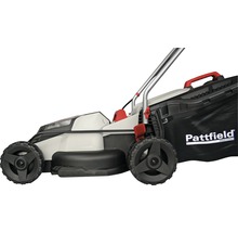 Rasentrimmer mit Fangkorb und Pattfield Logo