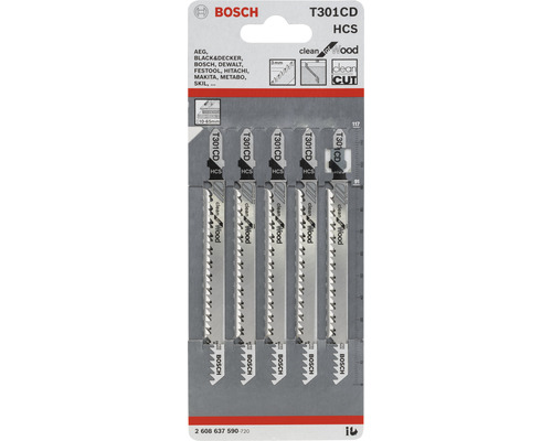 Lames de scie sauteuse Bosch T301CD HCS, paquet de cinq pour bois