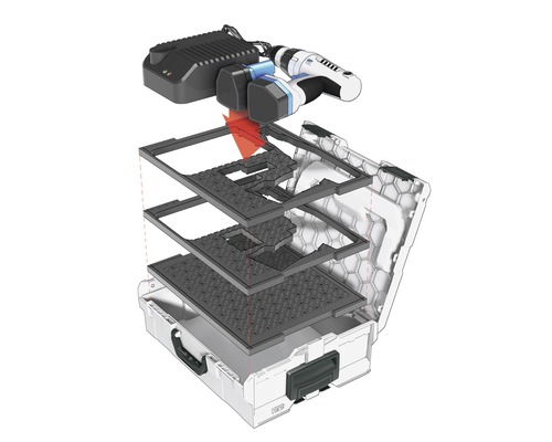 Boîte à outils avec perceuse-visseuse sans fil, batteries et chargeur avec étagères