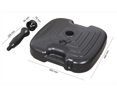 Support de parasol en plastique mesurant 450 x 440 millimètres et accessoires.