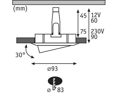 Schéma technique avec dimensions et symboles pour un luminaire
