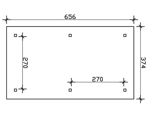 Dessin technique avec les dimensions 656 par 374 et trous de forage