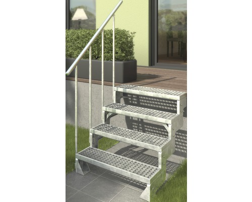 Escalier métallique à trois marches avec rampe à l''extérieur