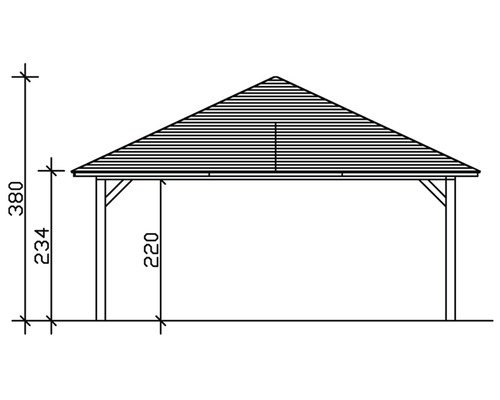 Technische Zeichnung eines Pavillons mit Maßangaben.