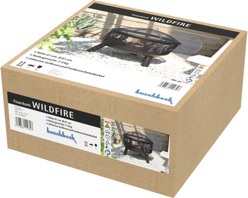 Verpackung des Feuerkorbs Wildfire von Buschbeck mit Abmessungen und Produkteigenschaften