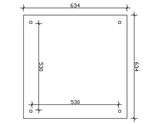 Technische Zeichnung einer Platte mit den Maßen 634 mal 634 Millimeter außen und 530 mal 530 Millimeter innen.