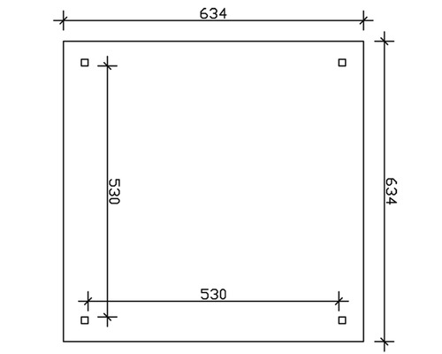 Dessin technique d''une plaque carrée de 634 millimètres sur 634 millimètres avec des trous de montage