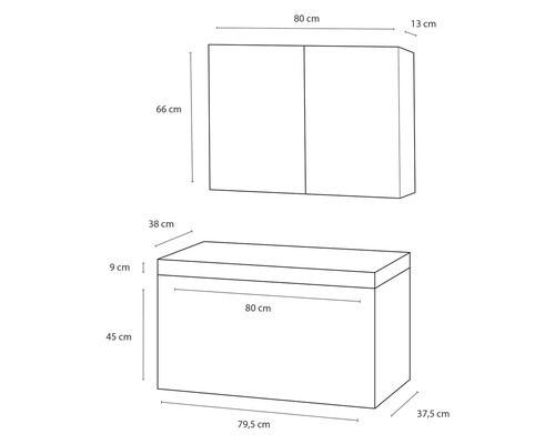 Dimensions de l''ensemble de salle de bains avec meuble sous-vasque et armoire de toilette