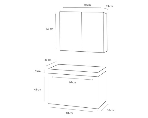 Schéma technique d''un ensemble de meubles de salle de bains avec meuble sous-lavabo et armoire de toilette avec dimensions