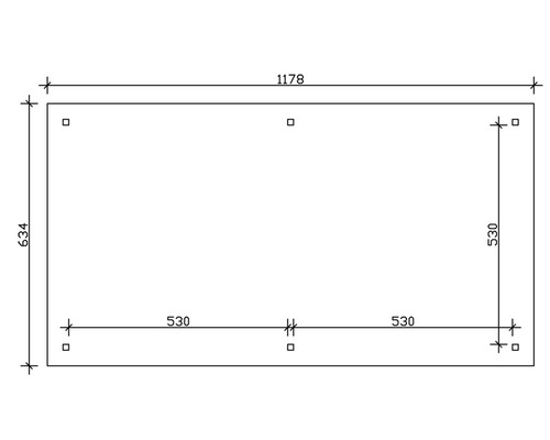 Dessin technique avec cotes d''un élément de construction : longueur 1178, largeur 634, sections 530