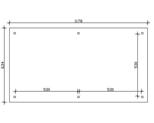 Dessin technique avec dimensions : largeur 1178 mm, hauteur 634 mm, longueur de côté 530 mm