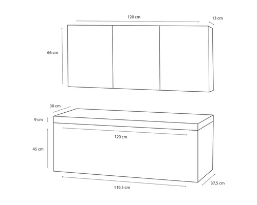 Masszeichnung eines Wandschranks mit drei Türen über einer Truhenbank, die die Abmessungen des Artikels zeigt