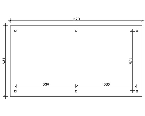 Dessin technique avec dimensions : longueur 1178, largeur 634, sections partielles 530