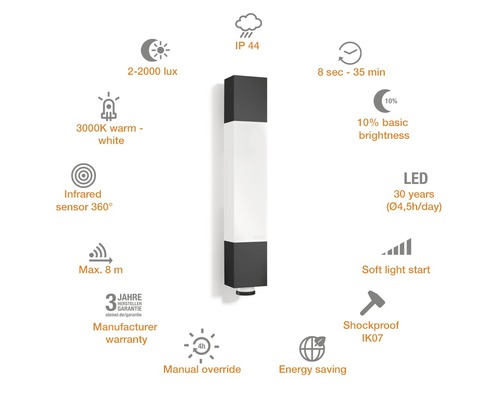 LED-Aussenleuchte mit verschiedenen Funktionen: Lichtsensor, Zeitschaltuhr, Infrarotsensor, Energiesparfunktion, Stossfestigkeit und Herstellergarantie.