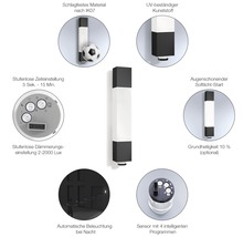 Wandleuchte mit schlagfestem Material nach IK07, UV-beständigem Kunststoff, stufenloser Zeiteinstellung, Dämmerungseinstellung, Softlicht-Start, automatischer Beleuchtung bei Nacht und Sensor mit intelligenten Programmen.