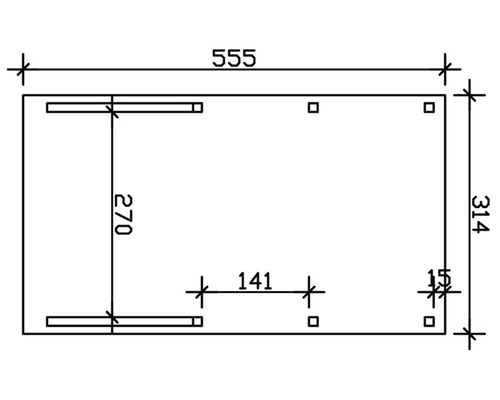 Dessin technique avec dimensions : longueur 555, largeur 314, distance 270, distance 141