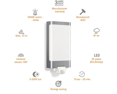 Luminaire extérieur LED avec détecteur de mouvement, 3000 Kelvin blanc chaud, portée maximale 10 mètres, détecteur infrarouge 180 degrés, résistance aux chocs IK07, indice de protection IP44, garantie du fabricant