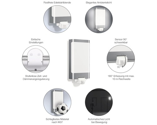 Wandleuchte mit Bewegungsmelder und verschiedenen Produkteigenschaften.