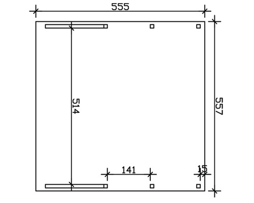 Dessin technique avec dimensions de 555 mm, 557 mm, 514 mm, 141 mm et 15 mm