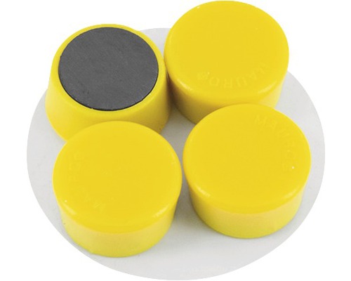 Quatre aimants jaunes pour tableaux blancs