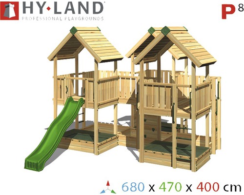 Aire de jeux Hy-Land P8 avec deux tours de jeux, toboggan, mur d''escalade et bac à sable