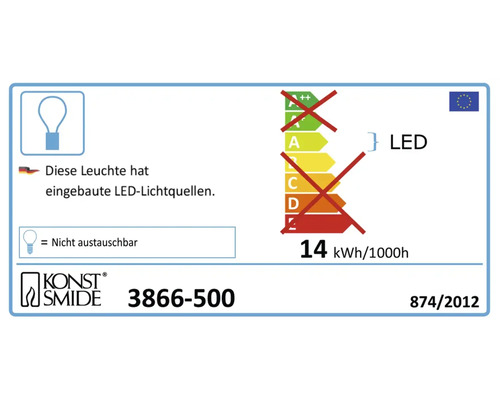 Energielabel mit Informationen zu fest verbauten LED Leuchtmitteln und Energieverbrauch