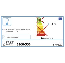 Étiquette énergétique avec des informations sur la lampe LED, consommation d''énergie de 14 kWh pour 1000 heures et lampe non remplaçable