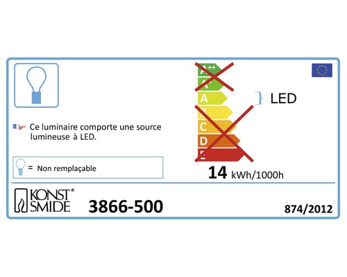 Étiquette énergétique avec des informations sur la lampe LED, consommation d''énergie de 14 kWh pour 1000 heures et lampe non remplaçable