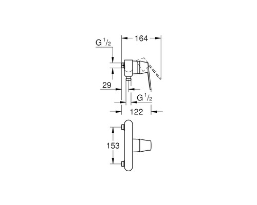Technische Zeichnung einer Armatur mit Maßangaben.