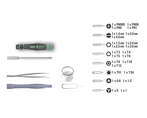 Jeu de tournevis de précision avec différents embouts, pince à épiler et ventouse