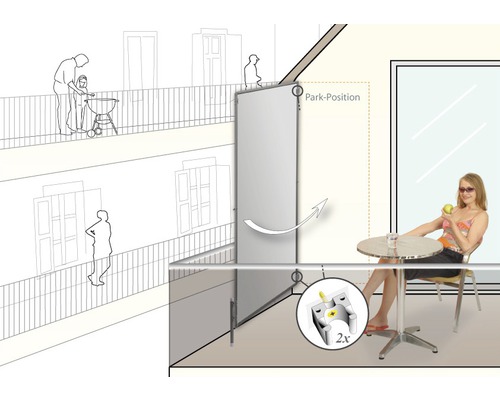 Scène de balcon avec store latéral pour préserver l''intimité et protéger du soleil et du vent.